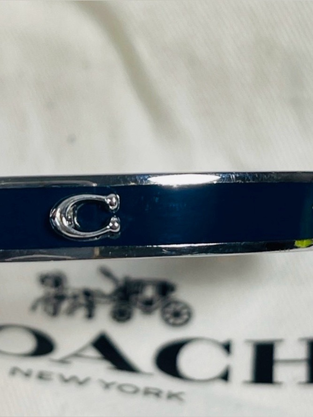 Coach Signature C Blue Enamel Silver Tone Hinged Bangle Bracelet
